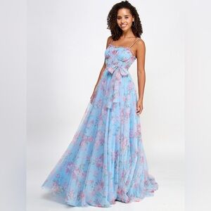 City Studios Juniors Floral-Print Bustier Gown  DressColor Sky Rose Sz 3/4 $169